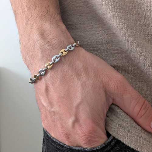 Bracelet Grains de Café en Acier Bicolore Argent et Doré Homme - Largeur 8mm, Longueur 21cm