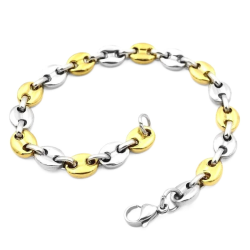 BRACELET PARTURE + CHAIN GOURMETTE MEN ADO NINE WOMEN NINE STEEL MASSIF STEEL CAFE GRAIN 7MM PLAQUE OR 18 CARATS
