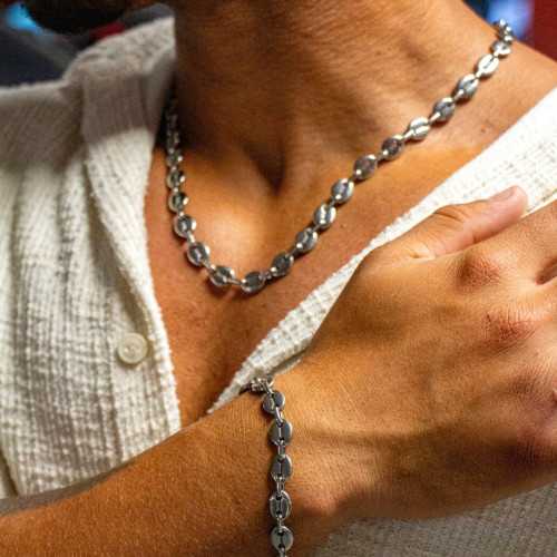 String and Bracelet Silver Stainless Steel Coffee Grains For Men - Width 11mm