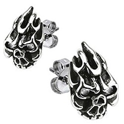 Pair of men's steel flaming demon skull biker earrings