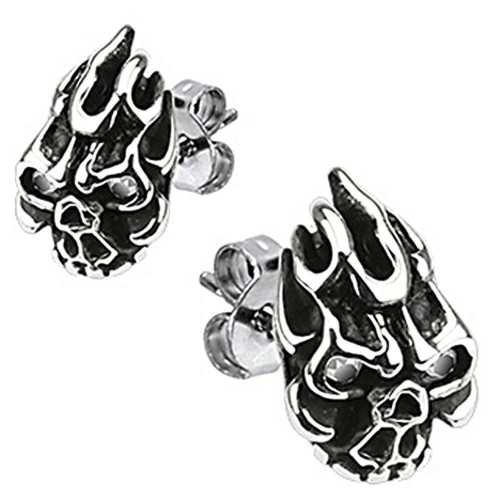 Pair of men's steel flaming demon skull biker earrings