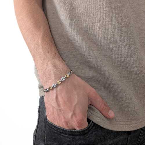 Braccialetto Granelli di Caffè Bicolore in Acciaio Argento e Oro Per Uomo - Larghezza a scelta 6 mm