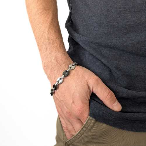 Braccialetto Granelli di caffè in acciaio Bicolore Maschio argento e nero - Larghezza 10 mm, Lunghezza 21 cm