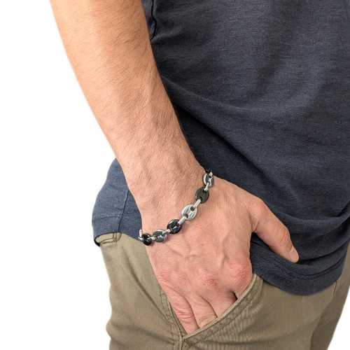 Pulsera de granos de café de acero negro y plata para hombres
