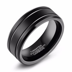 Bague anneau de mariage homme carbure tungstène noir mate double ligne portée