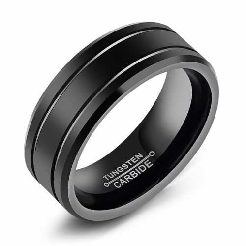 Anillo de bodas para hombre Carburo de tungsteno negro mate Desgastado de doble línea
