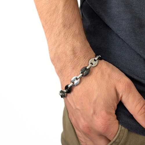 Bracelet Maille Grains de Café en Acier Bicolore Argent et Noir Pour Homme - Largeur 10mm, Longueur 21cm