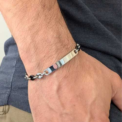Pulsera de los hombres Café Grains Acero inoxidable Bicolor Plata y Negro con placa personalizada 6mm 22cm