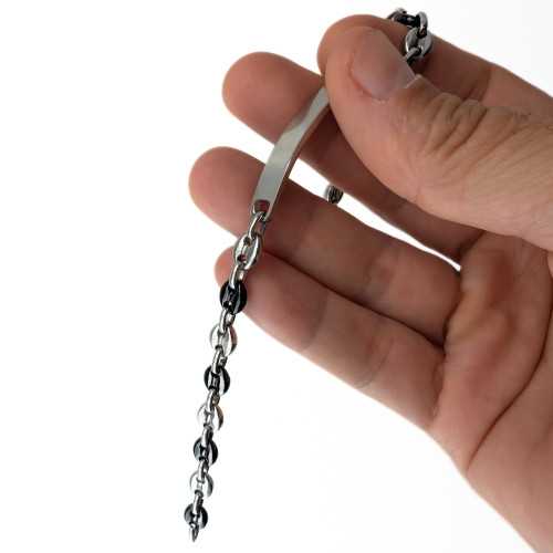 Mesh Mesh Bracelet Coffee Grains Bicolor Stainless Steel Silver and Black - Customized Plate 6mm 22cm