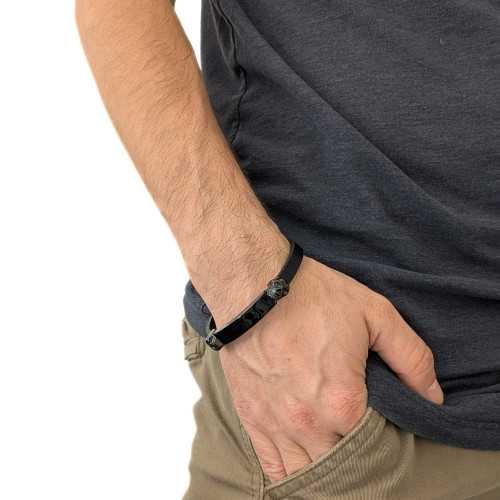 Herren Leder & Stahlarmband schwarz Death Head Biker mit kundenspezifischen brennbaren Teller - Länge 19cm