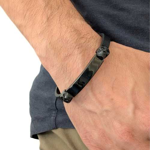 Schwarzes Leder und Stahl Männer Armband Biker Death Head mit Custom Burnable Plate