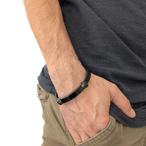 Men's Bracelet in Leather and Steel Black Death Head Biker With Custom Burnable Plate - Length 19cm
