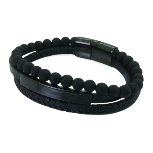 Herren Armband Mehrreihiges Leder schwarz Perlen schwarz Stahlplatte