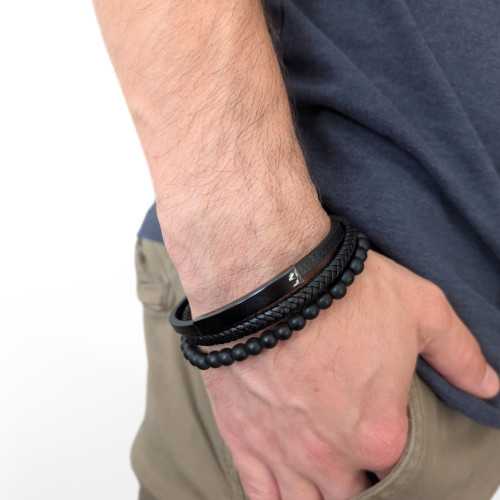 Multi Ranks Schwarz Perlen Lederarmband mit schwarzem Stahlplatte anpassbar