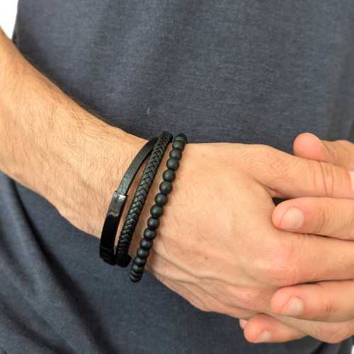 Braccialetto Maschio Multi Rangs Pelle Nere In Legno Con Placca Di Acciaio Nera Da Personalizzare