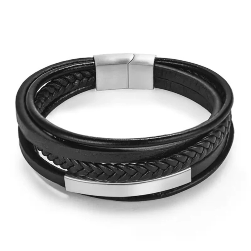 Men's Multi-Rang Bracelet in Leather and Stainless Steel Burner Plate