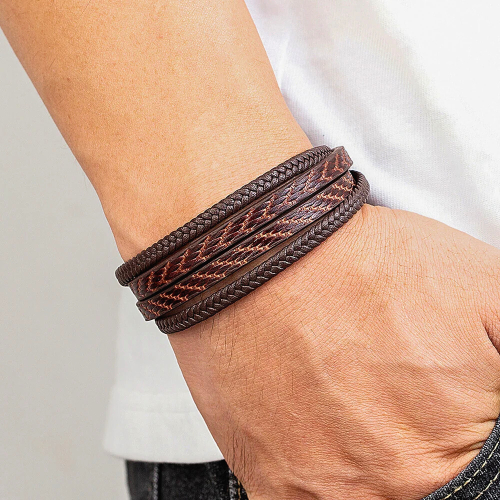 Brown Brown Brown Leather Bracelet and Stainless Steel Clasp Personalized Brushed