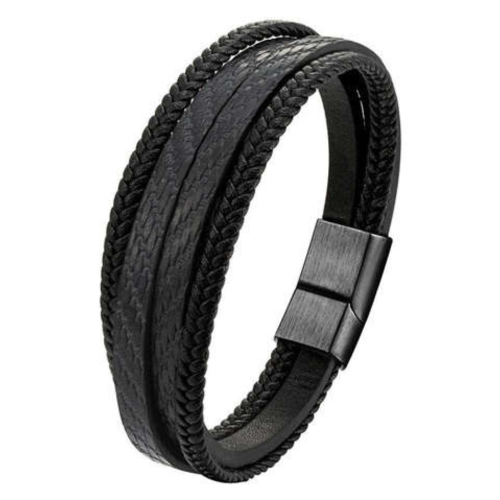 Multi-row black leather and steel bracelet : Customizable