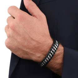 BRACELETTO PER UOMO STERRO E PELLE NERO BIKER LARGO 12mm 22cm NUOVO