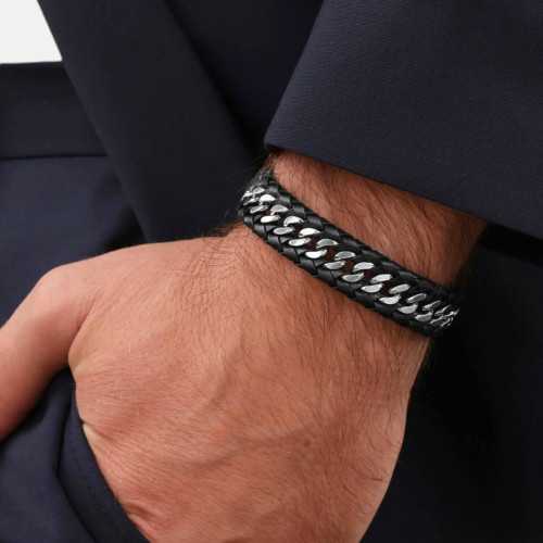 Braccialetto maschile in cuoio intrecciato e legamenti incrustati Look Rock Biker