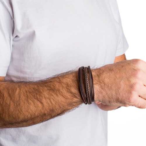Braccialetto maschile in cuoio marrone Multi Rangs e chiusura in acciaio inossidabile - Lunghezza 22 cm