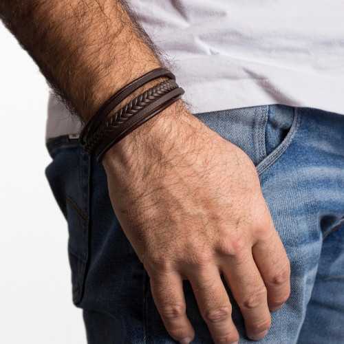 Leather Bracelet Marron Multi Ranks and Clasp Stainless Steel - Length 22cm