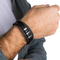 Pulsera de cuero negro de cuero triple rangos de enlaces y cierre de acero magnético 20cm 2