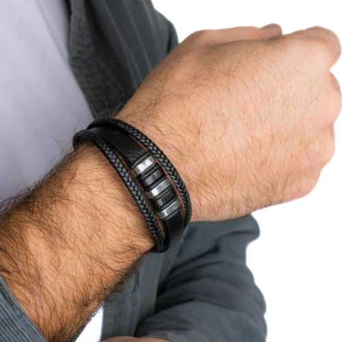 Bracelet Men Leather Black Braided Triple Rangs Links and Clasp Magnetized Stainless Steel 21cm