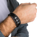Armband Männer Leder Schwarz Geflochtene Triple Rangs Links und Schließe Magnetisierte Edelstahl 21 cm