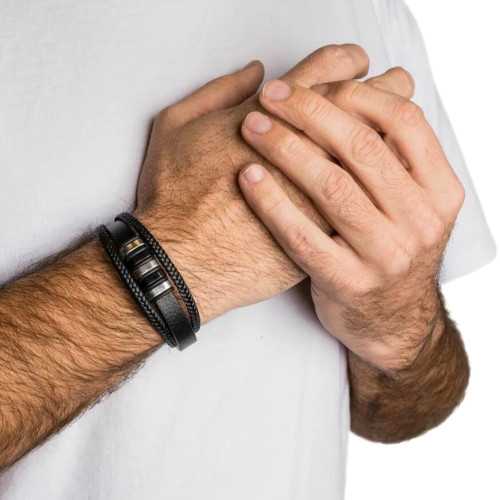 Pulsera para hombre cuero negro Tressé triple Rangs Enlaces y cierre de acero inoxidable magnético 21cm