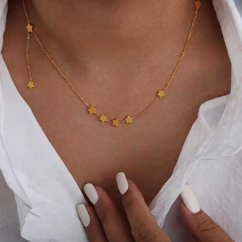 Collier Fin Ras de Cou Avec Pampilles Étoiles Pour Femme en Acier Inoxydable Doré à l'or Fin - Longueur 47cm