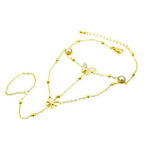 Hand Schmuck Frau - Handkette Schmetterling und Kettenring Edelstahl