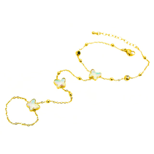 Bracelet de main Femme - Bijou Chaine de Main Papillon et Bague fine Chainette Acier Or Fin