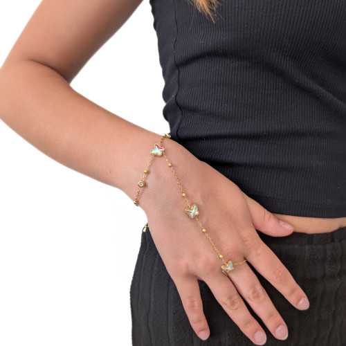 Bracelet de main Femme Bijou Chaine de Main Papillon et Bague Chainette Acier Or Fin
