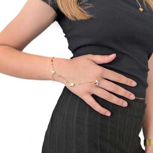 Handarmband für Damen - Schmuck Handkette Schmetterling und Kettenring Edelstahl