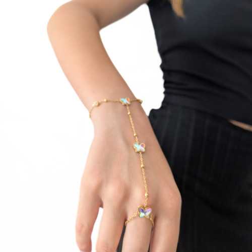 Gitane Frau Hand Armband - Schmuck Handkette Schmetterling und Kettenring Edelstahl