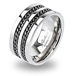 Bague anneau de fiançailles homme titane et 2 chaines noires ciselées