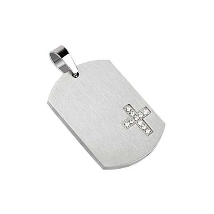 Pendentif homme acier plaque militaire croix pavé de zircons et 1 chaine
