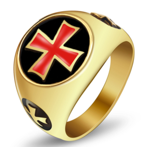 Men's ring gold steel red cross bookmark templier