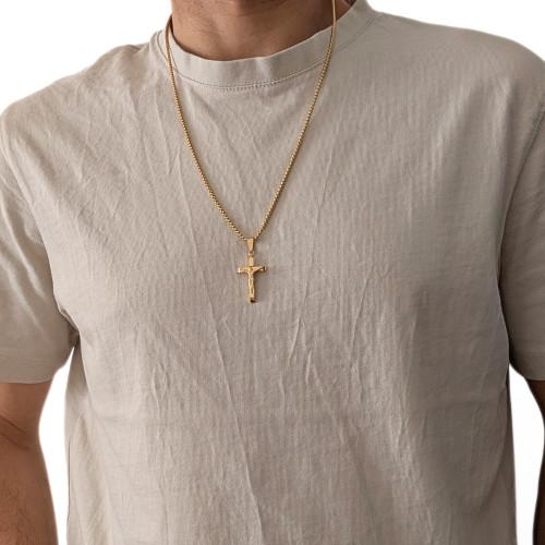 Pendente Croce uomo con Cristo Gesù Crocifisso Acciaio Oro e la sua catena Granelli di grano