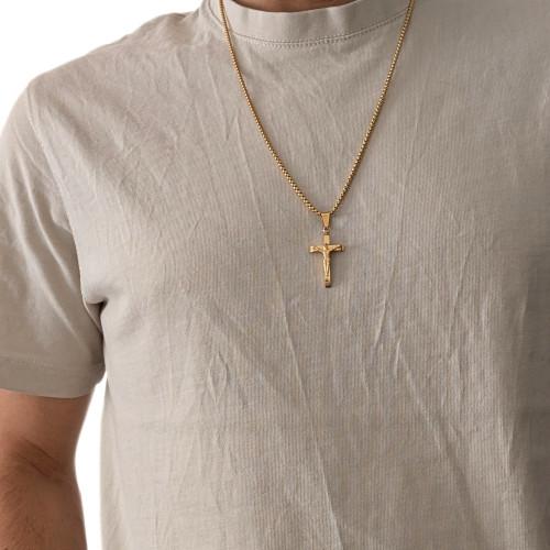 Colgante cruzado con Cristo Jesús Crucifix Gold Steel y su Cadena de grano de trigo