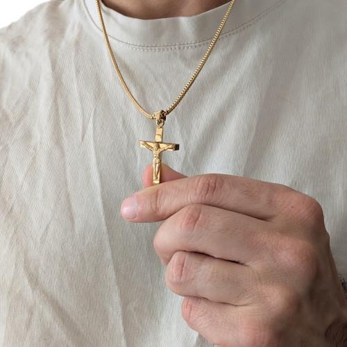 Pendente uomo croce con Cristo Gesù croce acciaio oro e la sua catena grani di grano