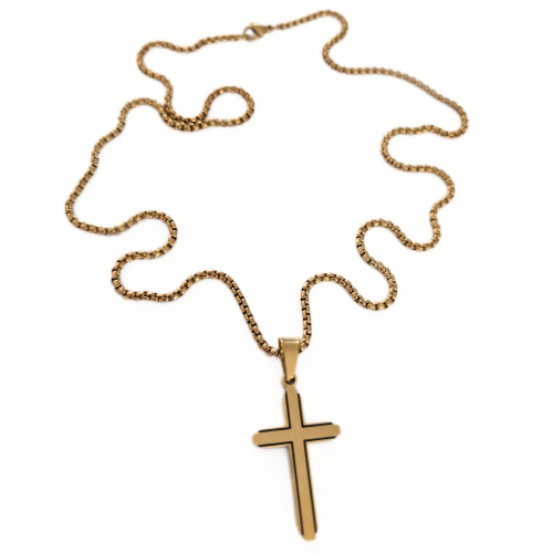 Pendentif Homme Croix Acier doré Bords Ligne Noire - Chaine Grains de Blé Incluse