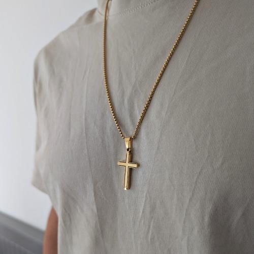 Pendentif Homme Croix en Acier Or Bords Ligne Noire - Chaine Grains de Blé Incluse