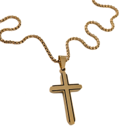 Pendentif Homme Croix Acier Or Bords Ligne Noire - Chaine Grains de Blé Incluse