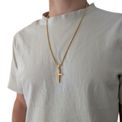 Pendentif Homme Croix Acier Or Bords Ligne Noire - Chaine Grains de Blé Incluse