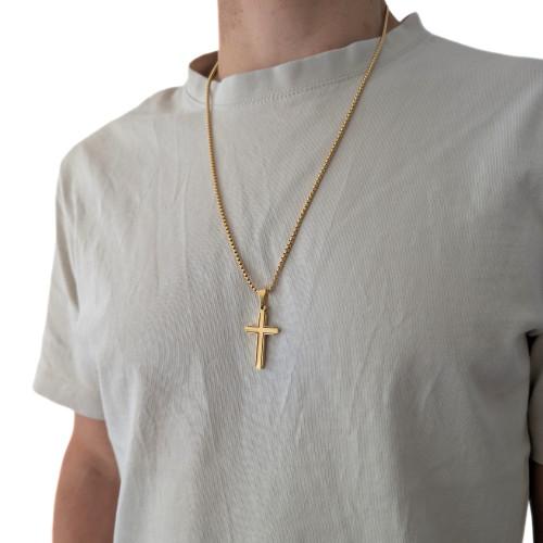 Kreuzanhänger für Herren aus goldfarbenem Stahl mit schwarzen Linienkanten und Weizenkornkette inklusive