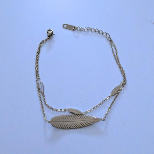 Bracelet Plume Argent Femme en Acier Inoxydable Double Chaines Fines Réglable