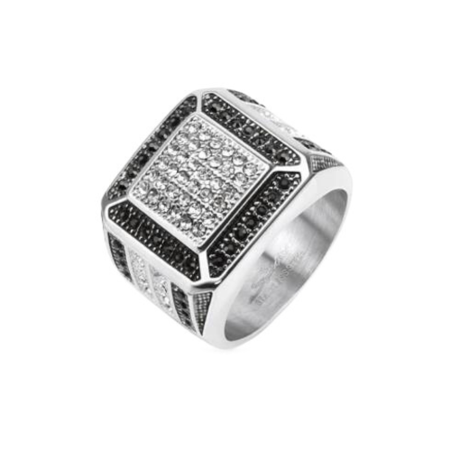 Anillo de Caballero de Stone Hombre de acero Sertitó cristales de óxido de zirconio blanco y negro