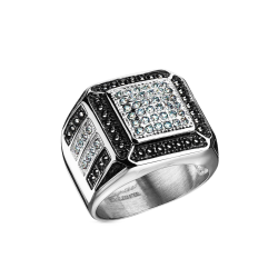 Stahl Mann Stone Ritter Ring Sateditierte weiße und schwarze Zirkoniumoxid-Kristalle